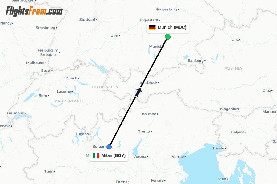 Flights from Milan to Munich route map