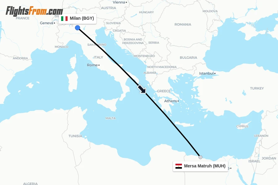 Flights from Milan to Mersa Matruh route map