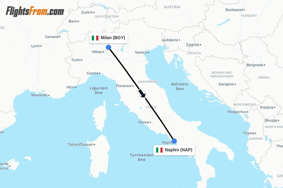 Flights from Milan to Naples route map