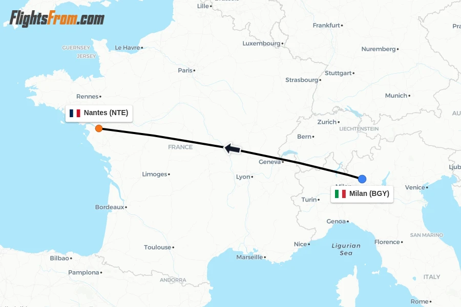 Flights from Milan to Nantes route map