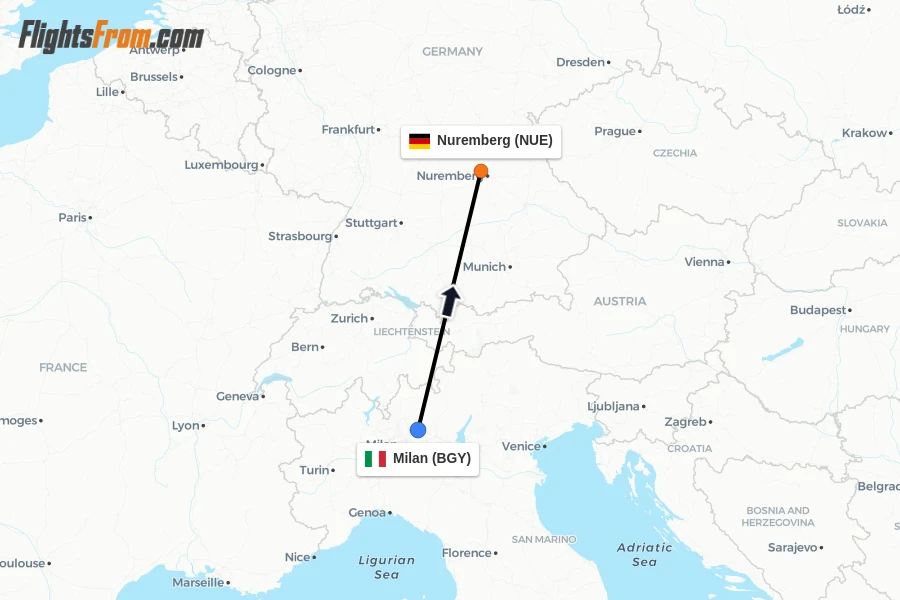 Flights from Milan to Nuremberg route map