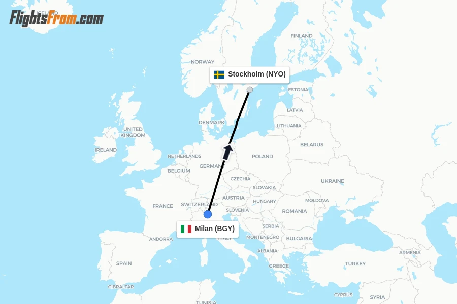 Flights from Milan to Stockholm route map