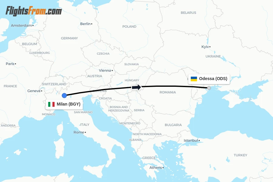 Flights from Milan to Odessa route map