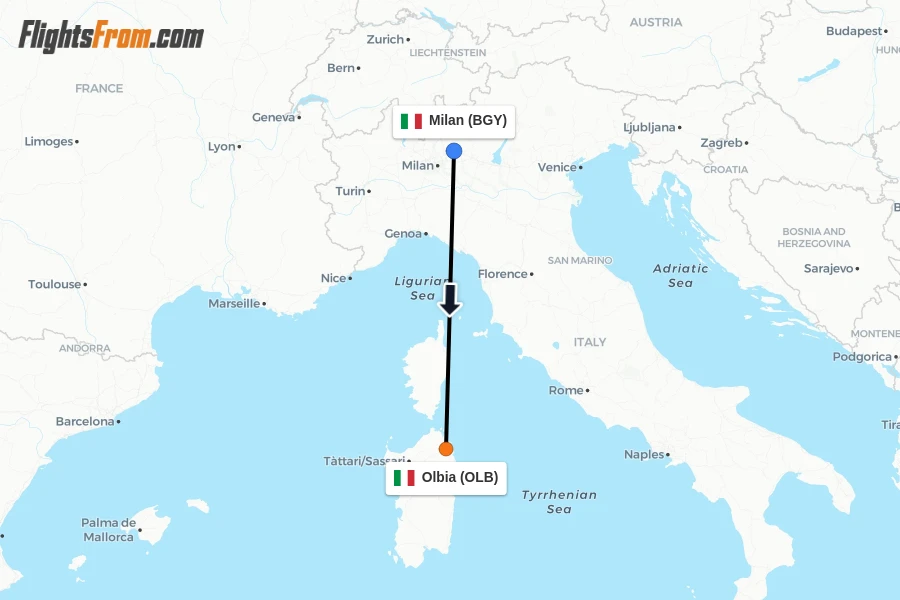 Flights from Milan to Olbia route map