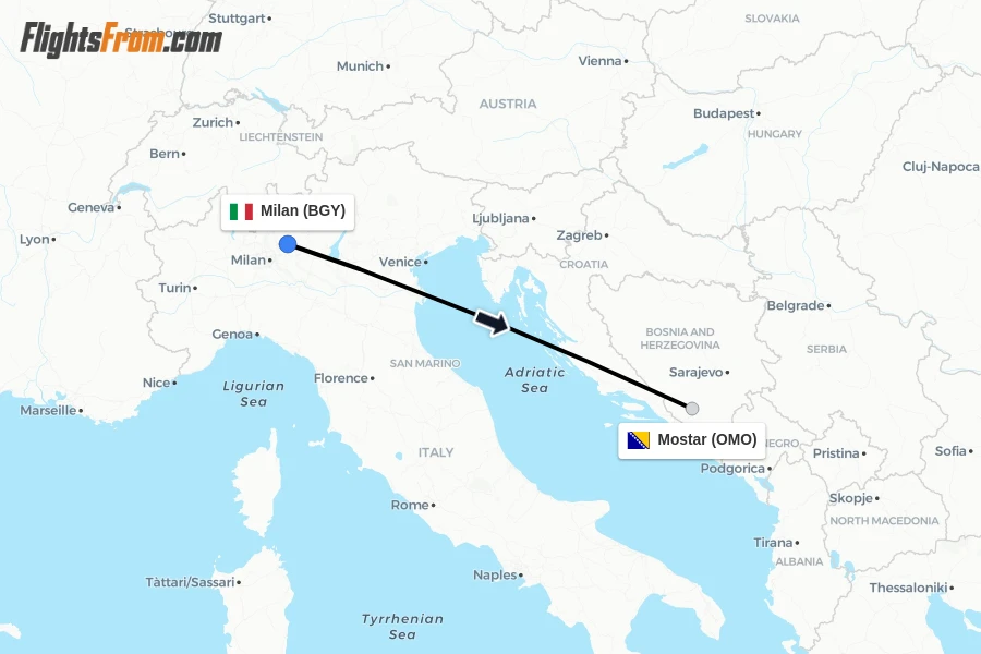 Flights from Milan to Mostar route map