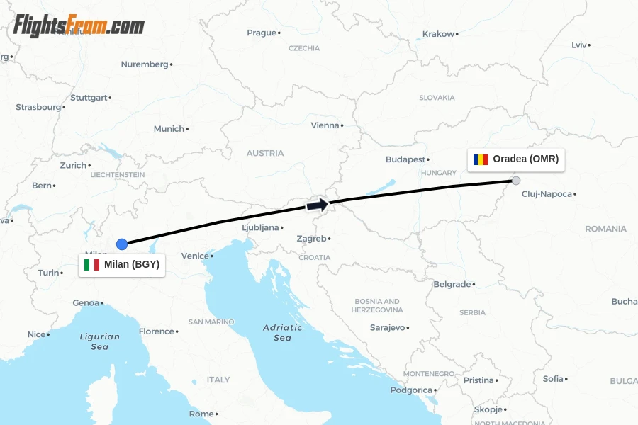 Flights from Milan to Oradea route map