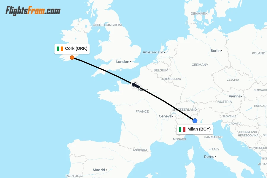 Flights from Milan to Cork route map