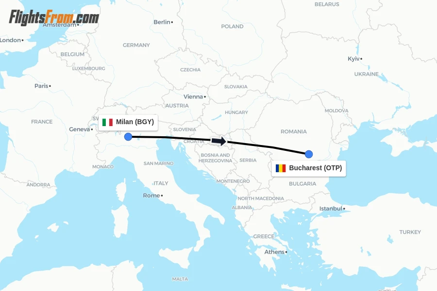 Flights from Milan to Bucharest route map