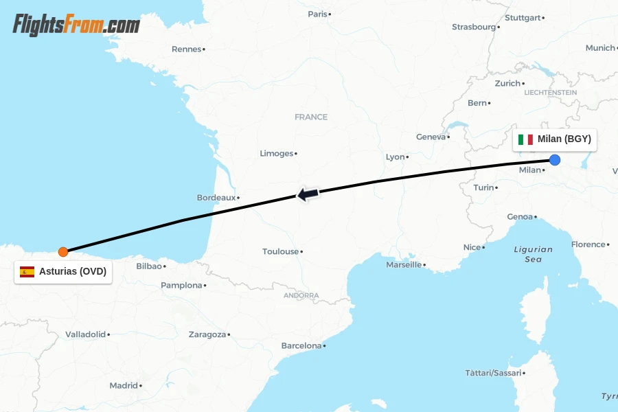 Flights from Milan to Asturias route map