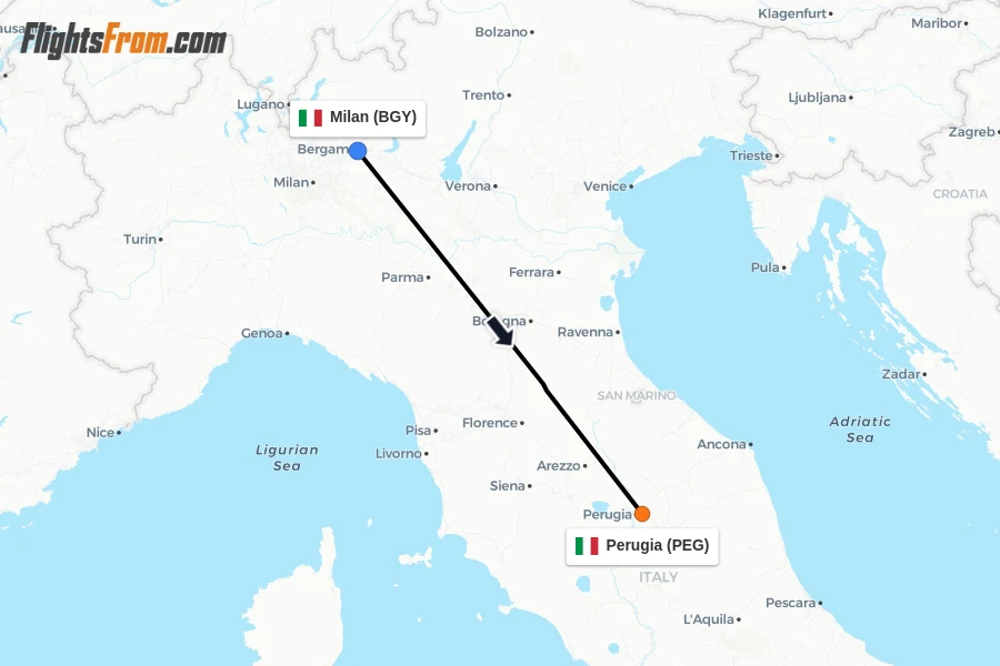 Flights from Milan to Perugia route map