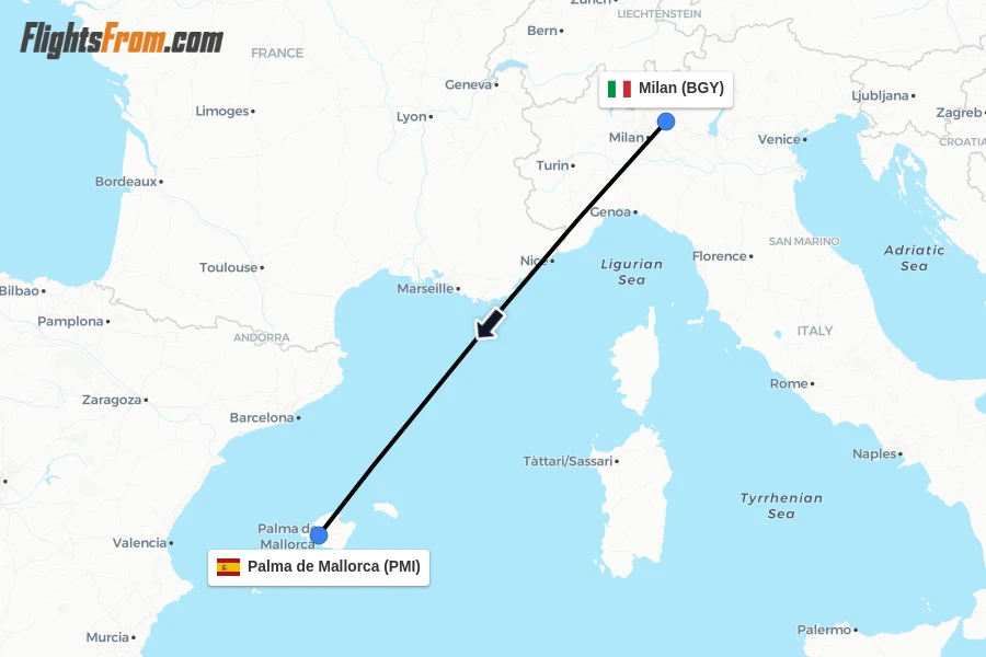 Flights from Milan to Palma de Mallorca route map