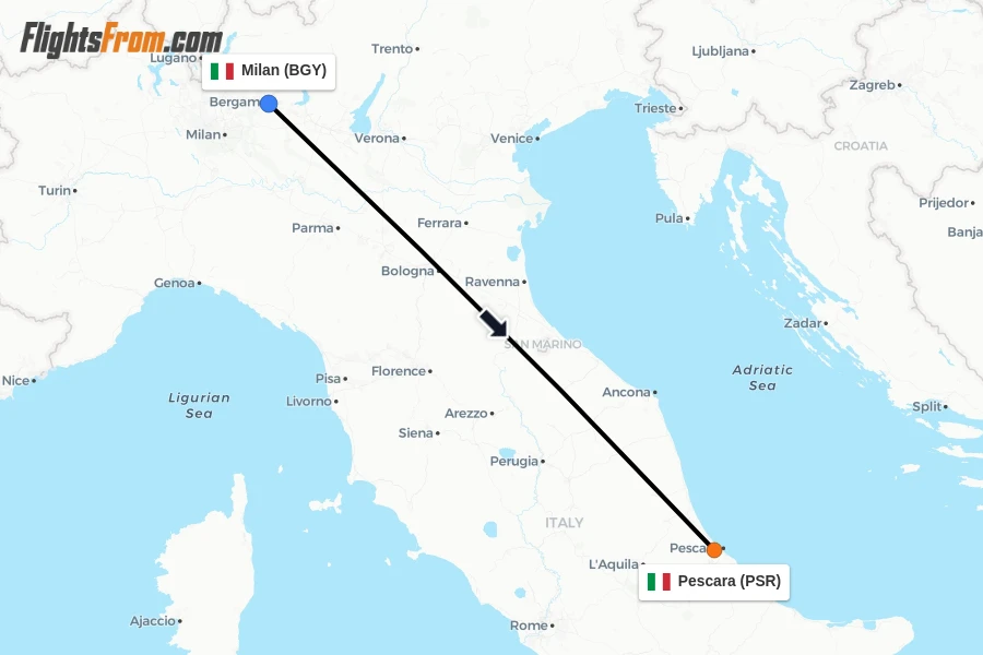 Flights from Milan to Pescara route map