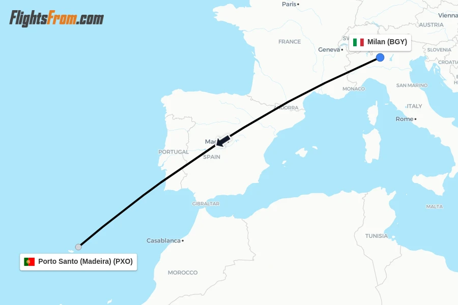 Flights from Milan to Porto Santo (Madeira) route map