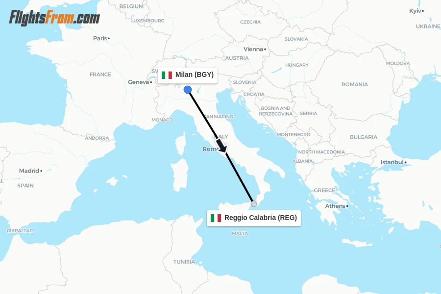 Flights from Milan to Reggio Calabria route map