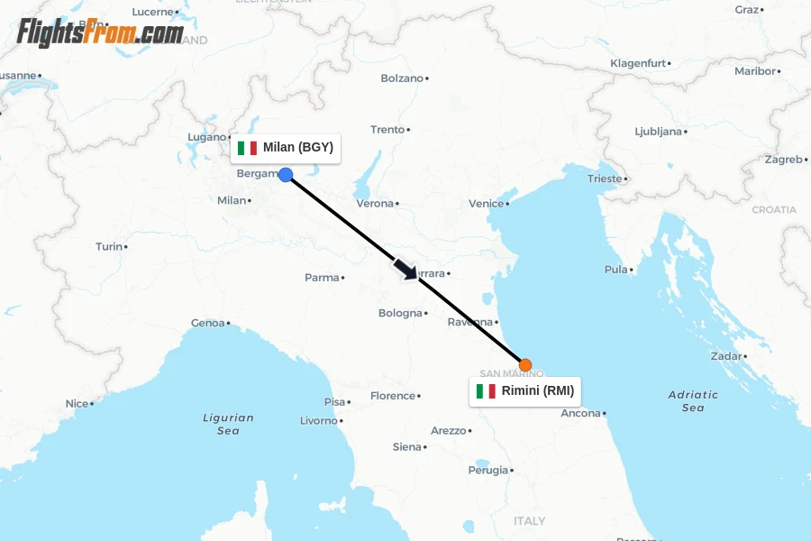 Flights from Milan to Rimini route map