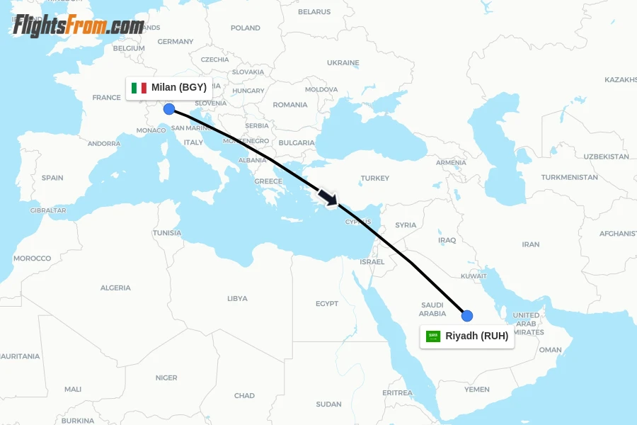 Flights from Milan to Riyadh route map