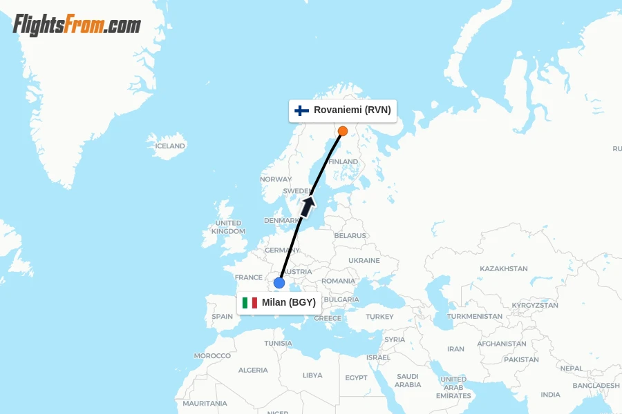 Flights from Milan to Rovaniemi route map