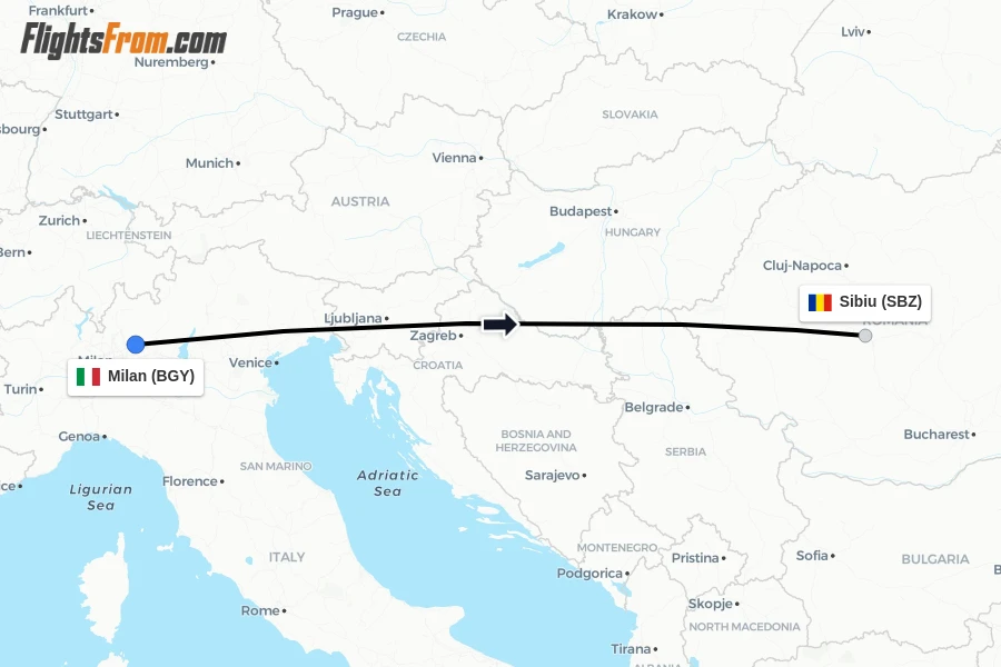 Flights from Milan to Sibiu route map