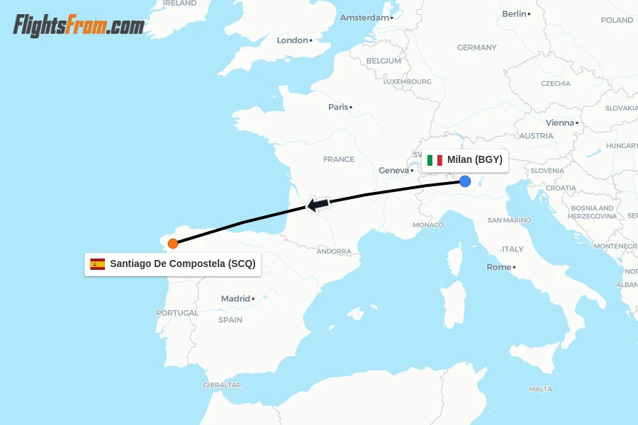 Flights from Milan to Santiago De Compostela route map