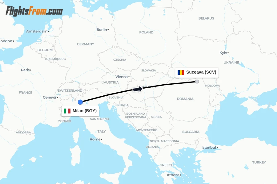 Flights from Milan to Suceava route map
