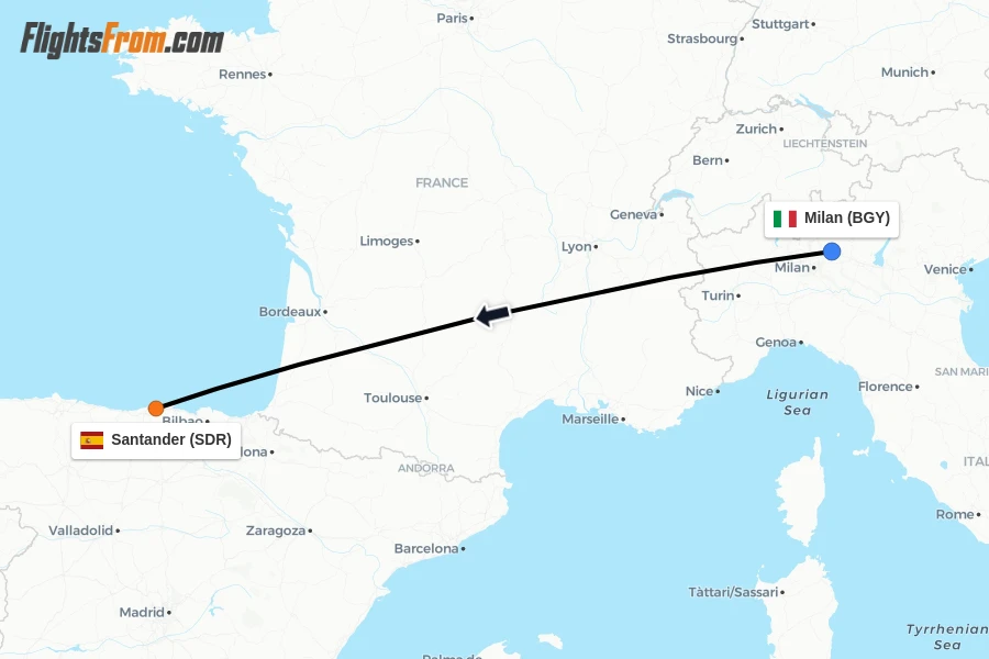 Flights from Milan to Santander route map
