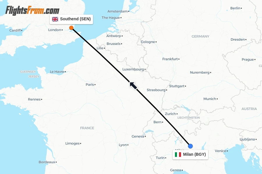 Flights from Milan to Southend route map