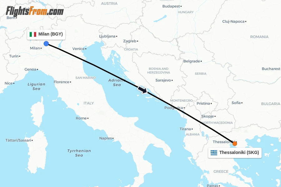 Flights from Milan to Thessaloniki route map