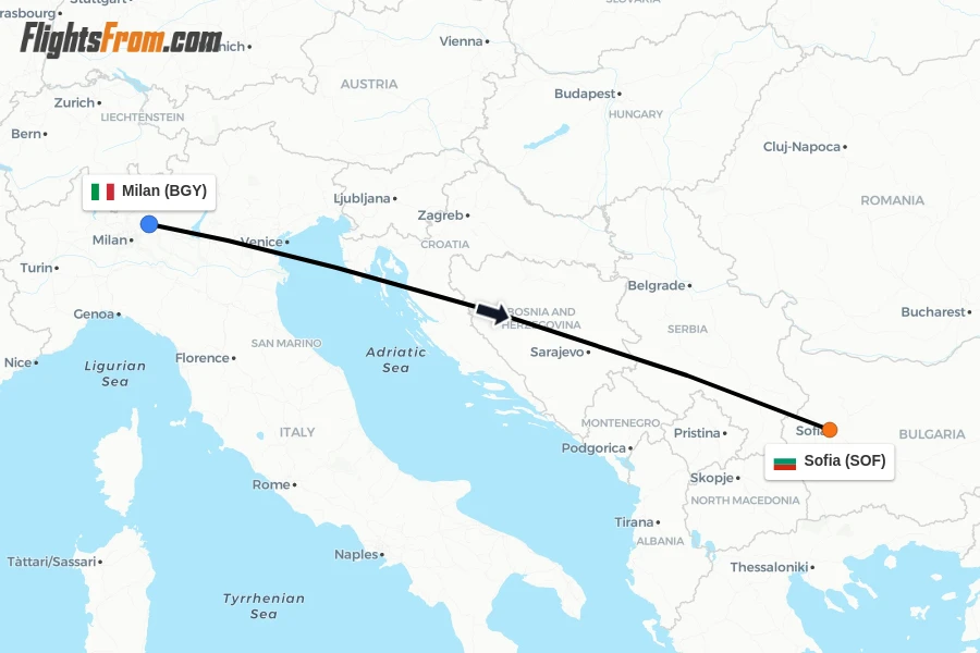 Flights from Milan to Sofia route map