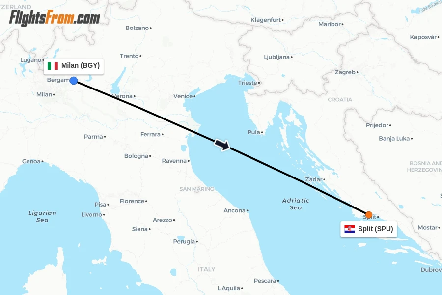 Flights from Milan to Split route map