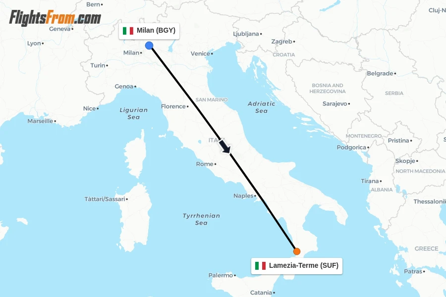 Flights from Milan to Lamezia-Terme route map