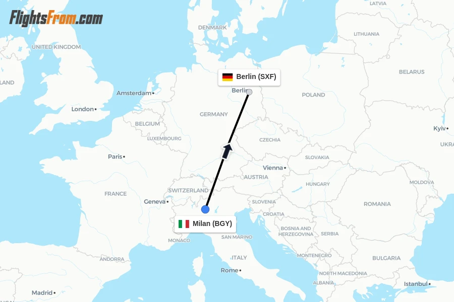 Flights from Milan to Berlin route map