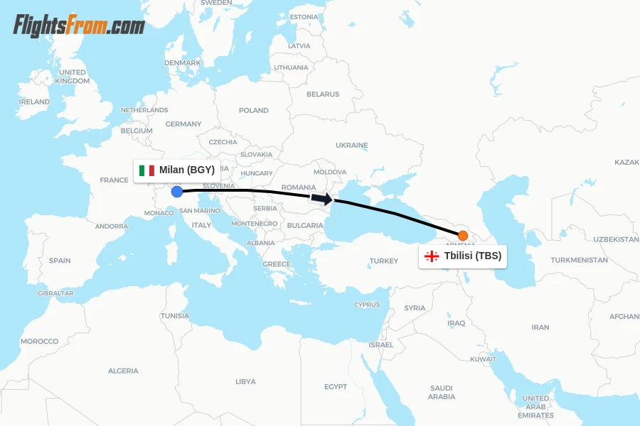 Flights from Milan to Tbilisi route map