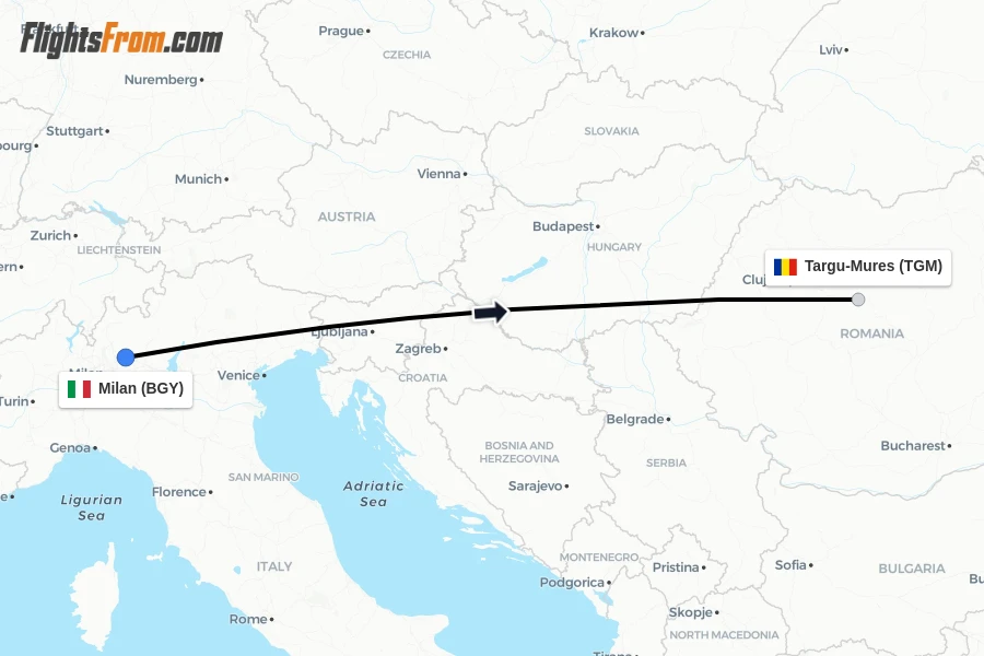 Flights from Milan to Targu-Mures route map