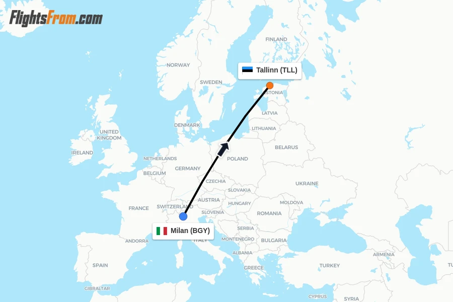 Flights from Milan to Tallinn route map