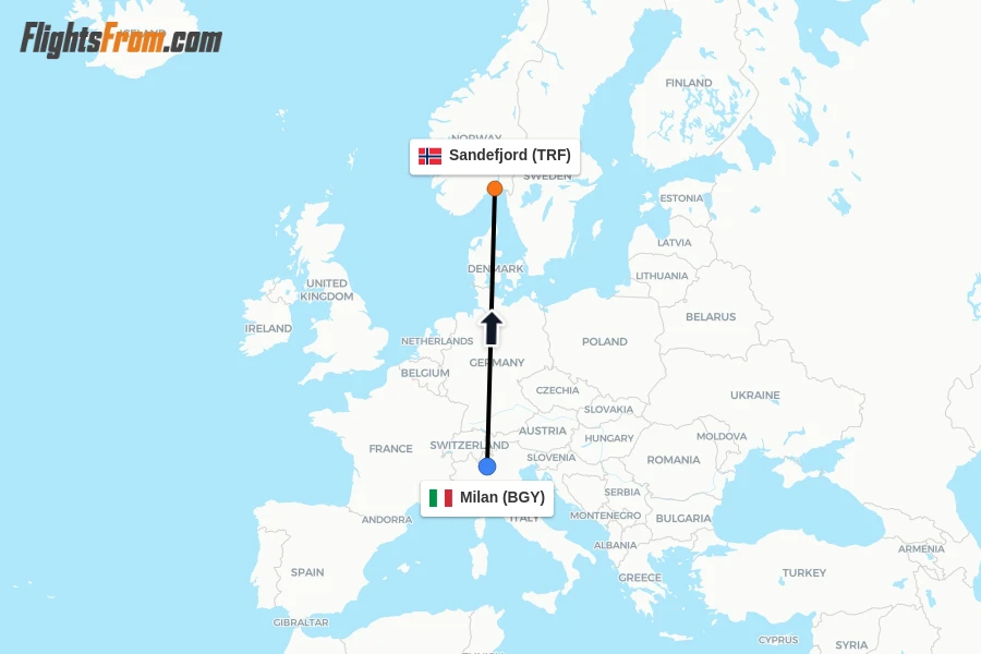 Flights from Milan to Sandefjord route map