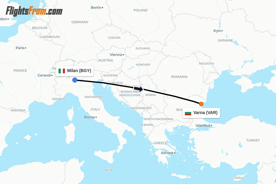 Flights from Milan to Varna route map