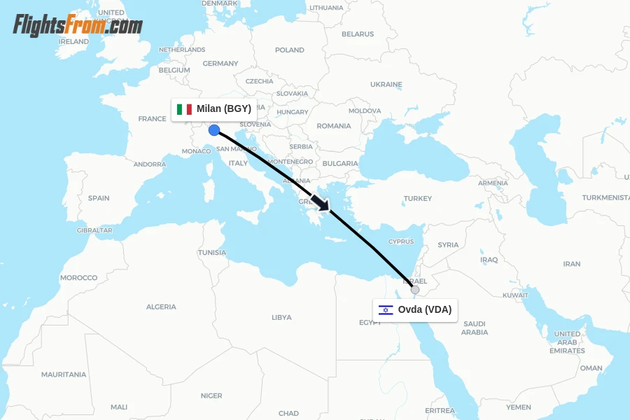 Flights from Milan to Ovda route map