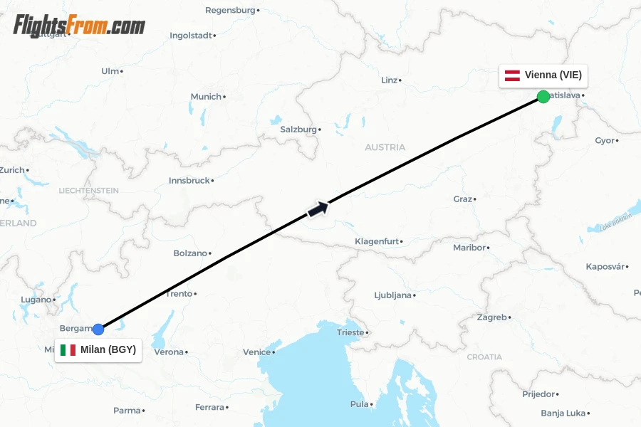 Flights from Milan to Vienna route map