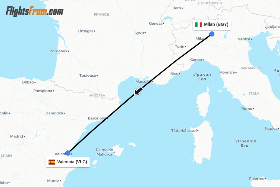 Flights from Milan to Valencia route map