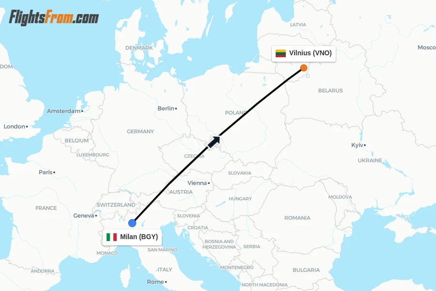 Flights from Milan to Vilnius route map
