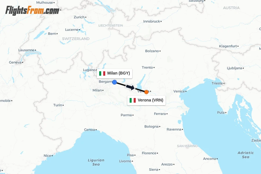 Flights from Milan to Verona route map