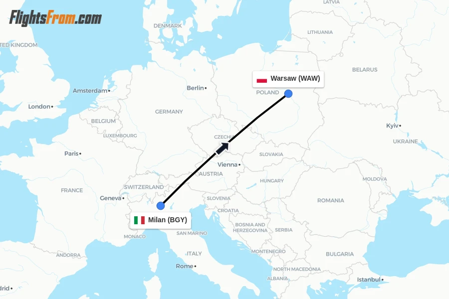 Flights from Milan to Warsaw route map