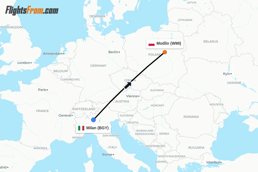 Flights from Milan to Modlin route map