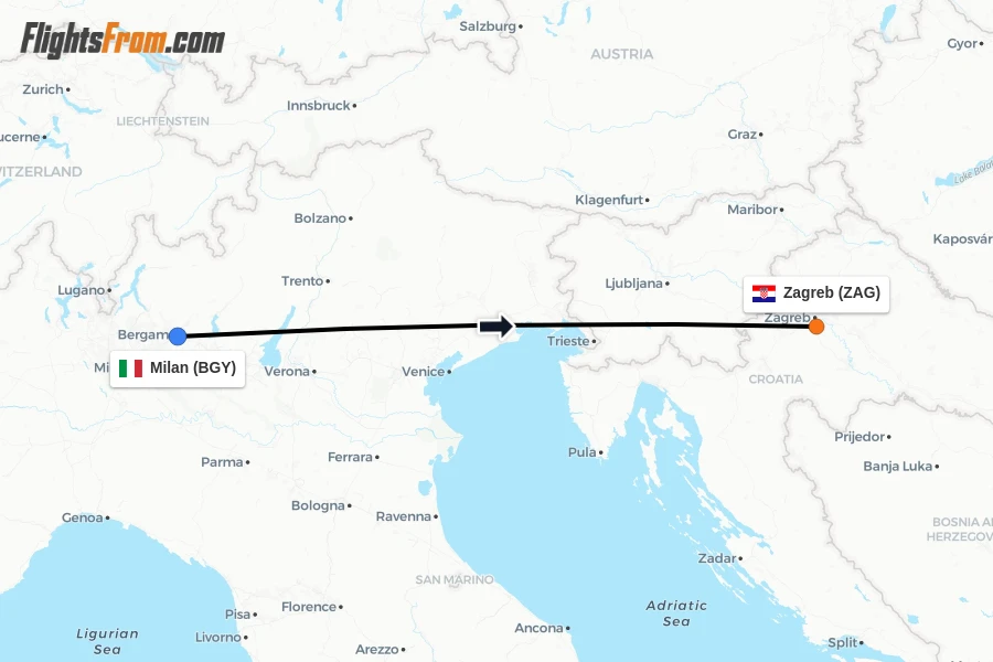 Flights from Milan to Zagreb route map