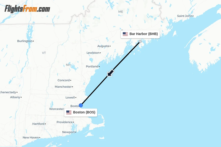 Flights from Bar Harbor to Boston route map