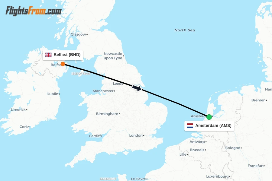 Flights from Belfast to Amsterdam route map