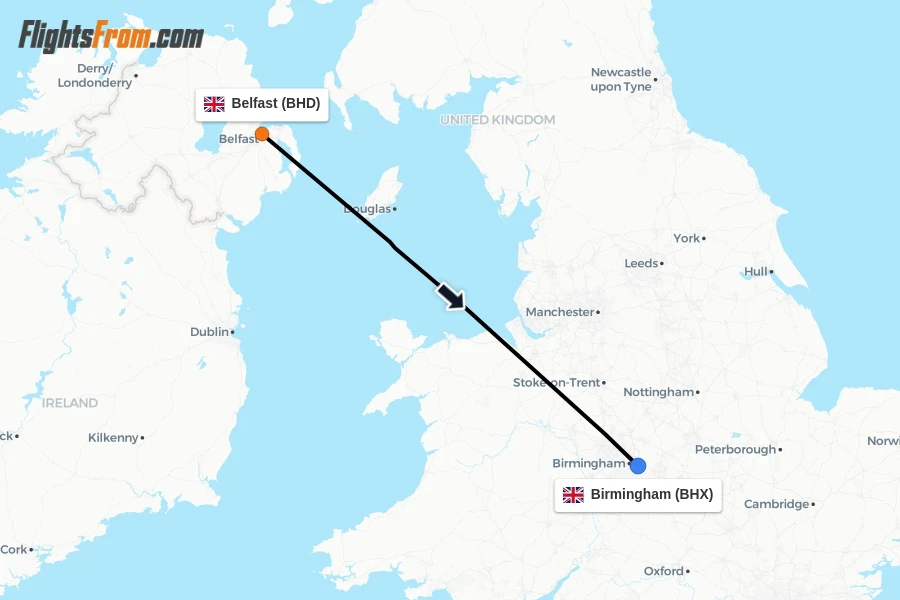 Flights from Belfast to Birmingham route map