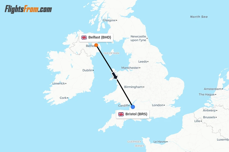 Flights from Belfast to Bristol route map