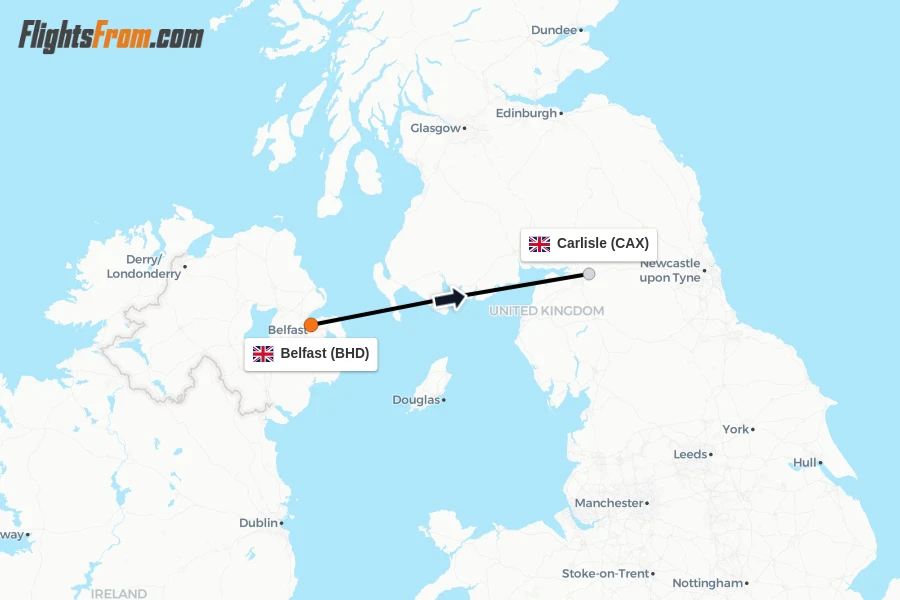 Flights from Belfast to Carlisle route map