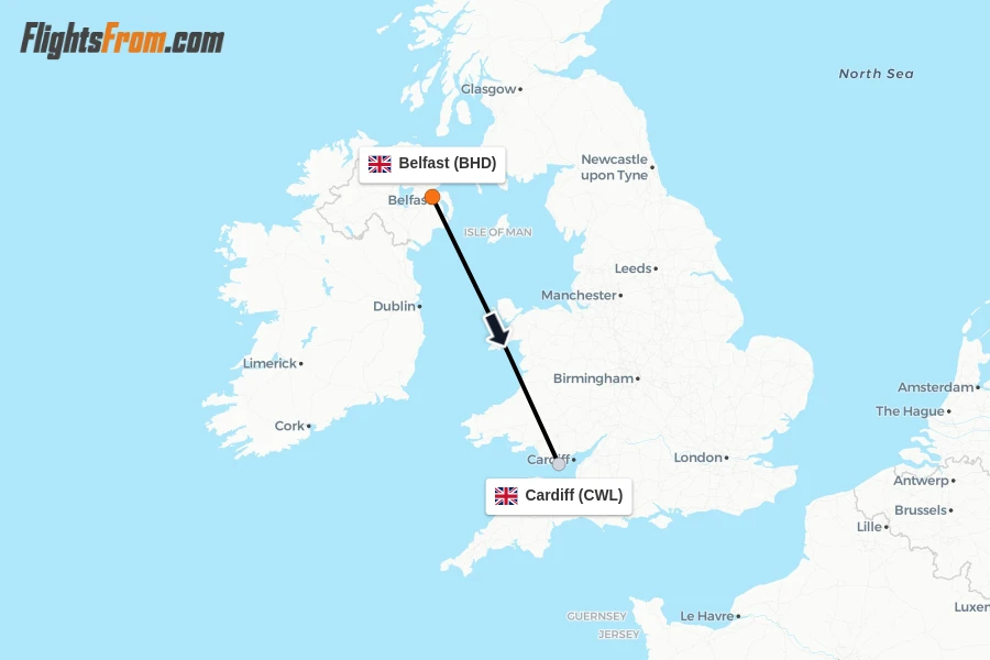 Flights from Belfast to Cardiff route map